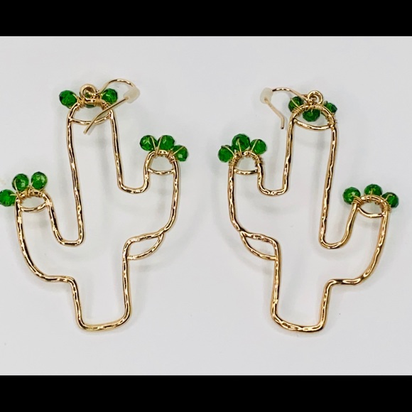 Cactus Earrings Saguaro Gold Tone Green Glass Bead - Picture 7 of 7